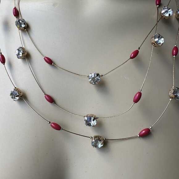 VTG Charming Charlie Necklace Wire Choker‎ Red Beads Rhinestones Gold Tone 20" - Picture 2 of 7